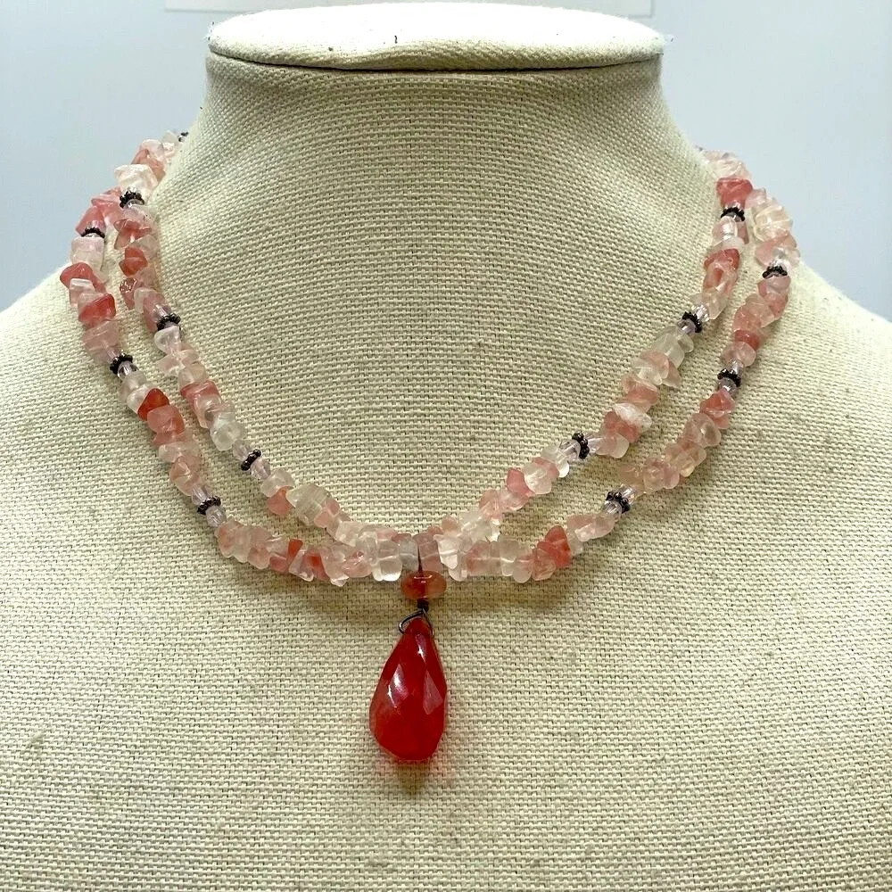 Cherry Rose Clear Quarts Beaded Pendant 925 Sterling Silver Layered Necklace